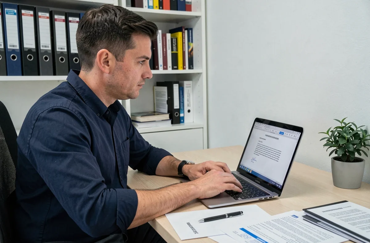 Homme rédigeant une lettre de résiliation d'assurance habitation sur son ordinateur portable