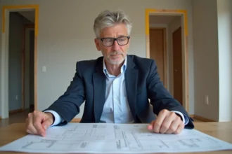 Homme d'âge moyen examine plans de rénovation dans un appartement