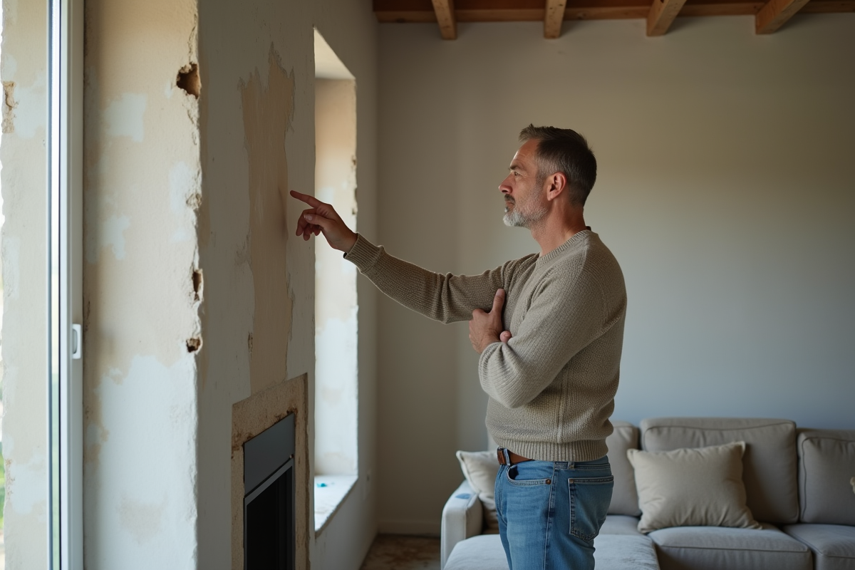 Homme en jeans examine un mur intérieur rénové