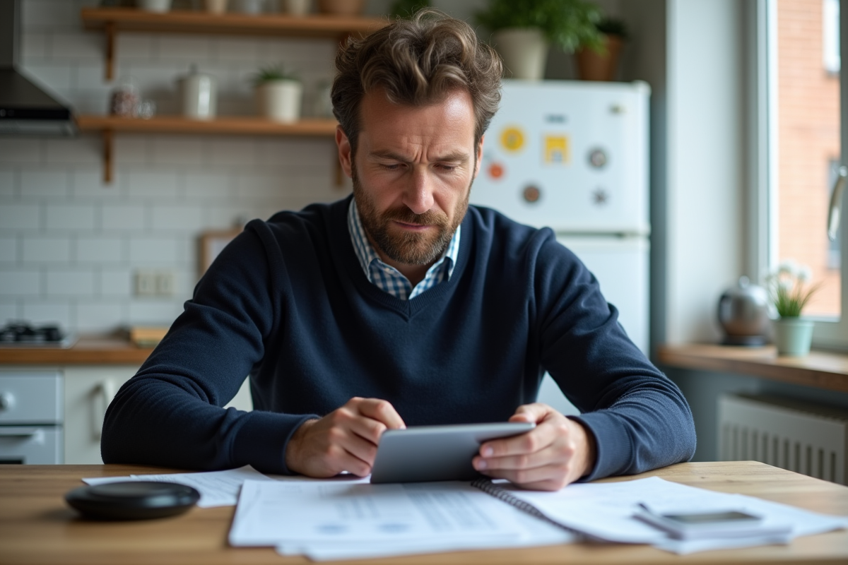 Homme calculant revenus locatifs en cuisine