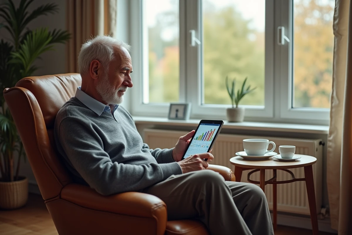 Homme retraité qui vérifie sa rente viagère sur une tablette avec des graphiques financiers dans son salon