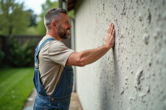 Homme en overalls touchant un mur en enduit texturé extérieur