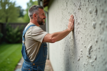 Homme en overalls touchant un mur en enduit texturé extérieur