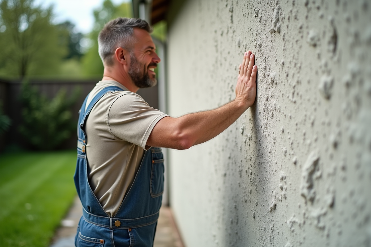 Homme en overalls touchant un mur en enduit texturé extérieur