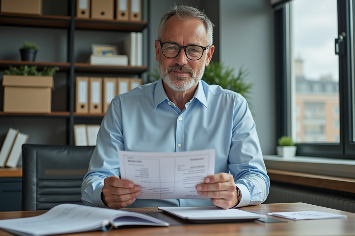 Homme classant ses factures de déménagement au bureau