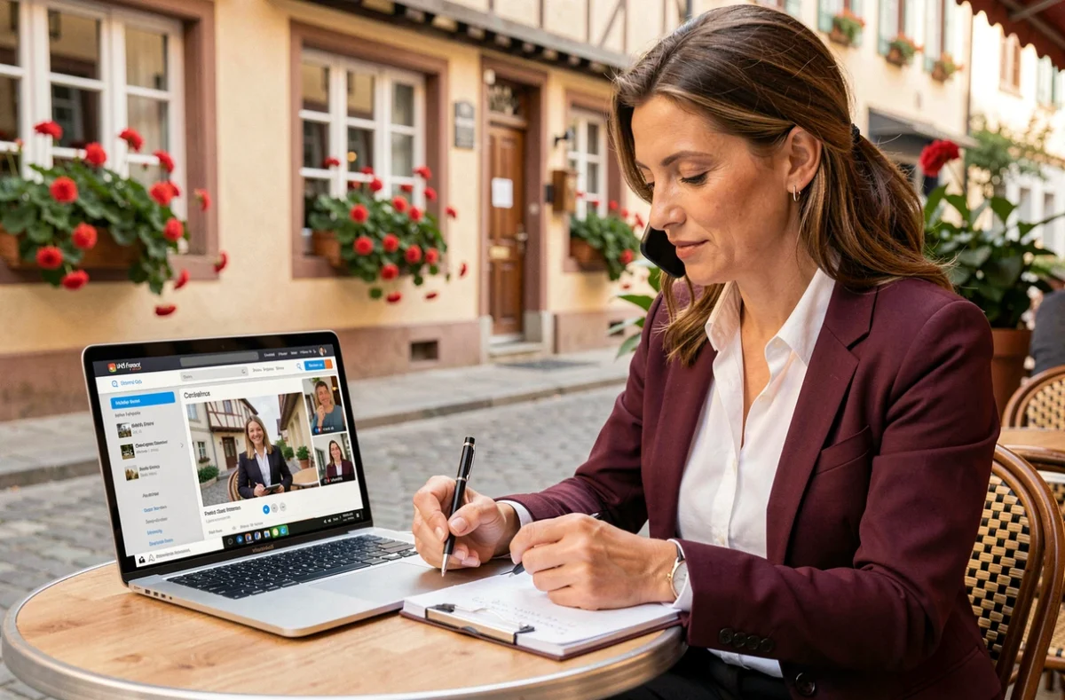 Mandataire IAD France travaillant en mobilité depuis une terrasse de café à Colmar dans le Grand Est