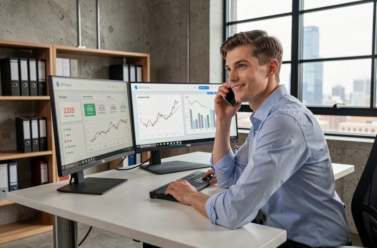Courtier d'I.D Finance analysant des comparatifs de taux immobiliers sur double écran