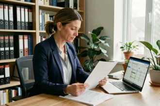 Femme professionnelle consultant des documents cadastraux et une base de données immobilière pour identifier le propriétaire d'une maison