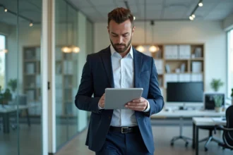 Inspecteur immobilier français avec tablette dans un bureau moderne