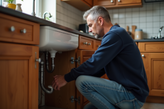 Homme d'âge moyen inspectant des tuyaux de cuisine