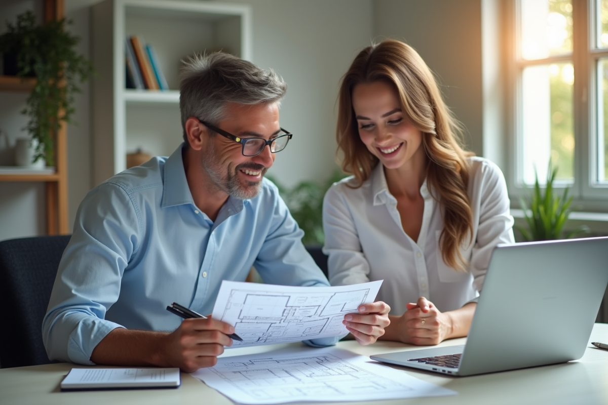 Agent immobilier et propriétaire examinant un rapport d inspection dans un bureau lumineux