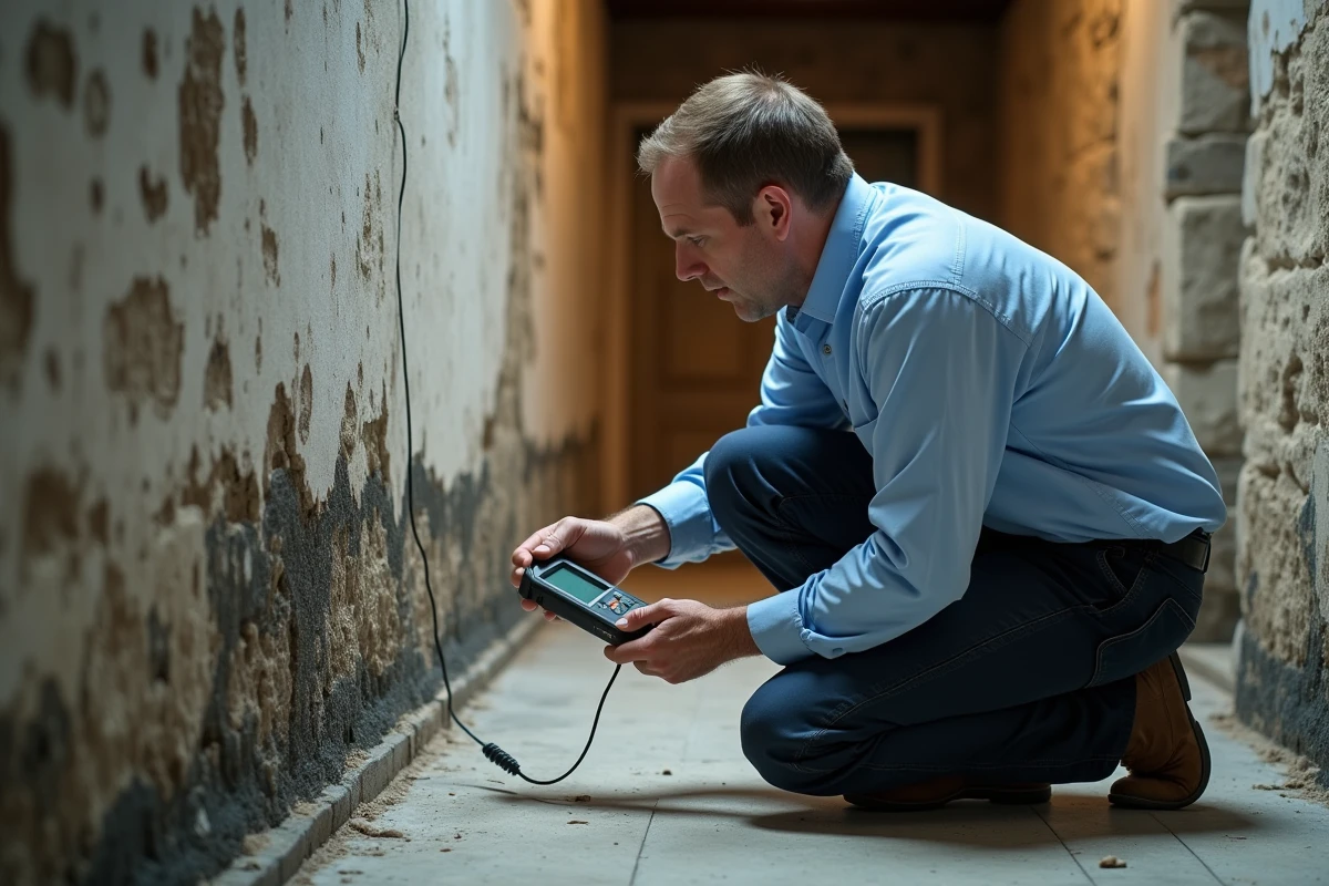 Expert en bâtiment inspectant un mur fissuré et humide révélant un vice caché dans une maison ancienne