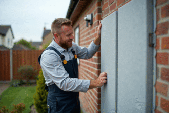 Ouvrier installant panneaux d'isolation sur façade maison