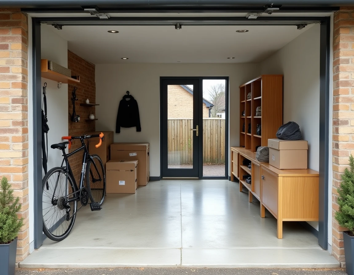 Intérieur d'un garage mitoyen aménagé en espace d'entrée et de rangement dans une maison pavillonnaire