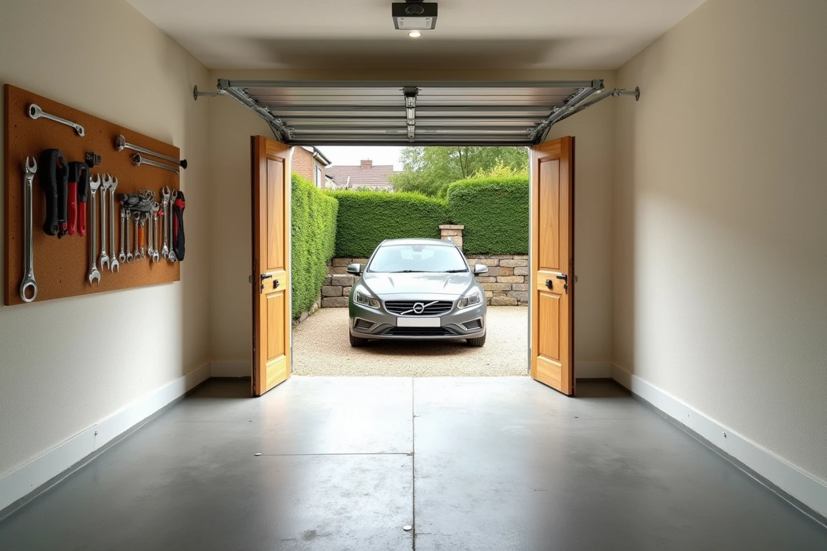 Intérieur d'un garage en parpaing enduit blanc avec sol béton, outils accrochés et voiture garée, vue vers le jardin