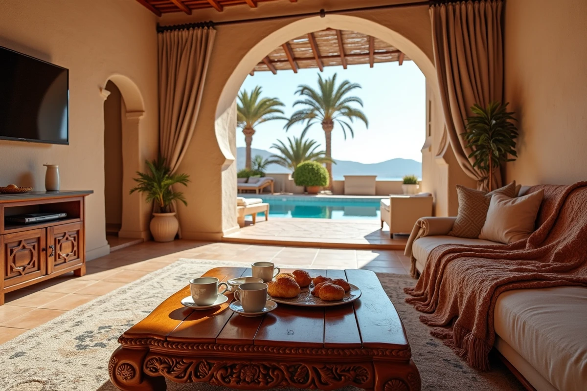 Salon intérieur d'une maison de location à Essaouira avec décoration marocaine traditionnelle et vue sur la piscine chauffée