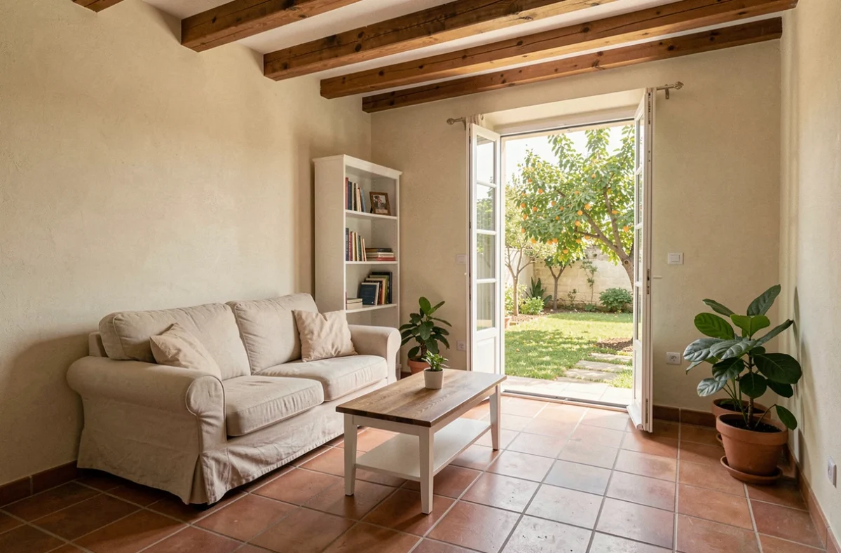 Intérieur d'une petite maison de location abordable avec jardin dans la région de Perpignan