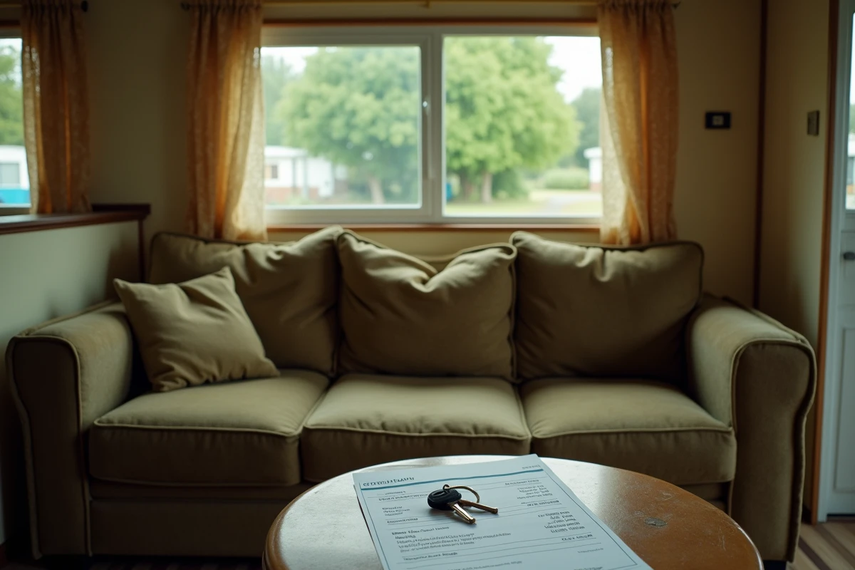 Intérieur vieilli d'un mobil home avec estimation de prix et clés sur la table basse avant vente