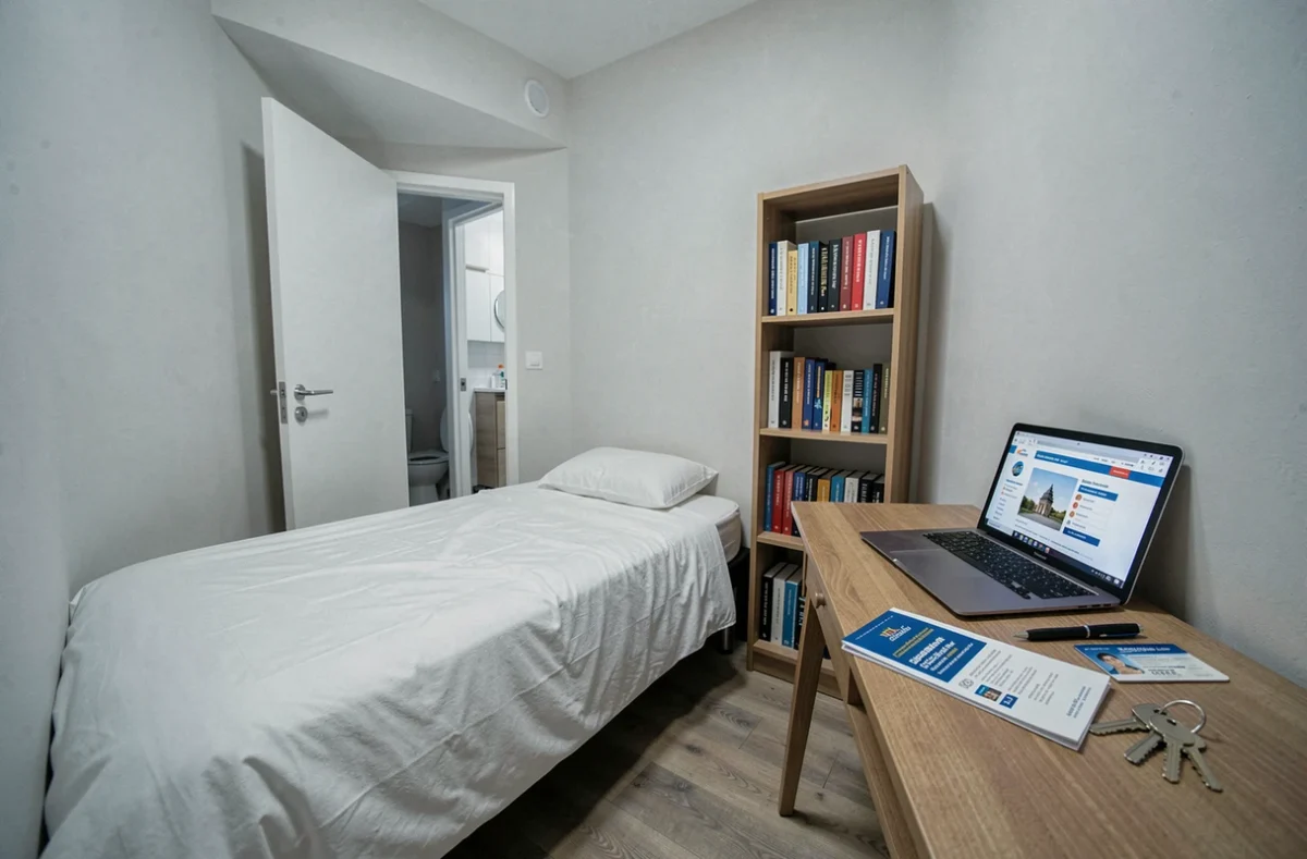 Intérieur d'un studio meublé étudiant avec documents d'assurance habitation sur le bureau