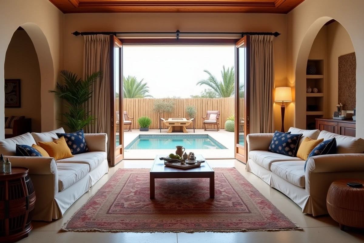 Intérieur confortable d'une villa en location longue durée à Essaouira avec accès piscine sécurisée