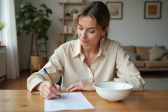 Propriétaire rédigeant un inventaire de location meublée conforme dans un appartement équipé