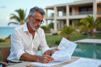 Investisseur immobilier étranger étudiant des documents de propriété à l'île Maurice avec une villa en construction en arrière-plan