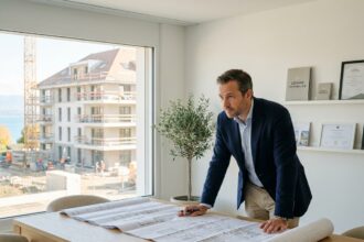 Investisseur immobilier étudiant des plans d'un programme neuf à Thonon-les-Bains avec vue sur le lac Léman
