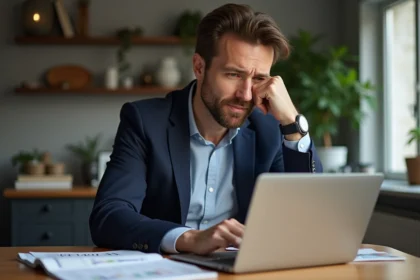 Homme en blazer bleu recherchant immobilier sur son ordinateur