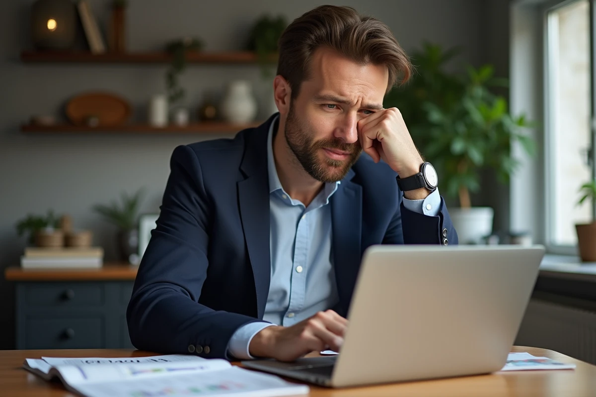 Homme en blazer bleu recherchant immobilier sur son ordinateur