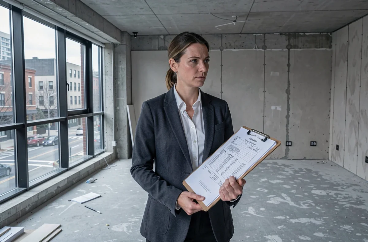 Investisseuse immobilière avec clipboard analysant les marges dans un appartement en rénovation, frais de notaire et stratégies pour marchands de biens