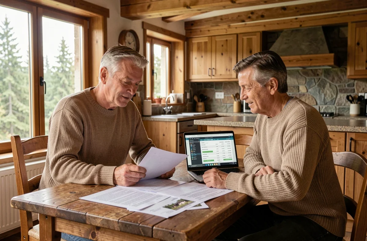 Couple d'investisseurs consultant des documents immobiliers à l'intérieur d'un chalet en PRL, avec poutres apparentes et vue sur la forêt, pour illustrer la rentabilité locative