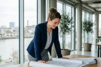 Investisseuse immobilière analysant des plans et documents financiers dans un bureau moderne avec vue sur les quais de Nantes