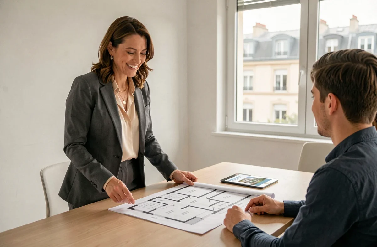 Jessica Elan-Apostolidès d'IAD France présentant des options de financement immobilier à un couple