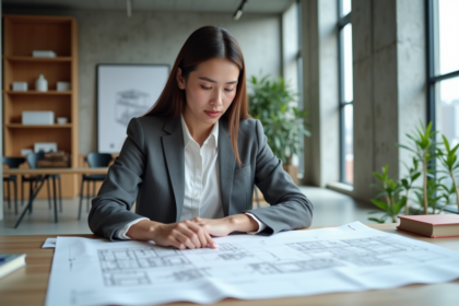 Jeune femme architecte examinant des plans dans un bureau moderne
