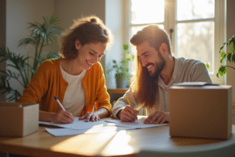 Jeune couple remplissant des documents de déménagement à la cuisine