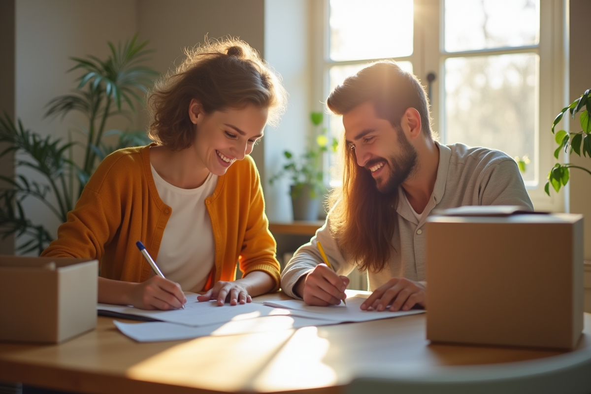 Jeune couple remplissant des documents de déménagement à la cuisine