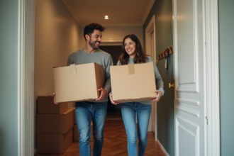 Jeune couple français souriant avec cartons lors d'un déménagement