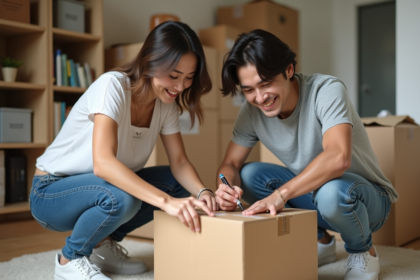 Jeune couple emballant des cartons dans un appartement