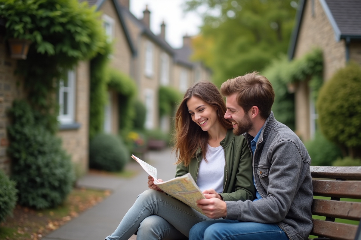 Jeune couple discutant sur un banc dans un village breton