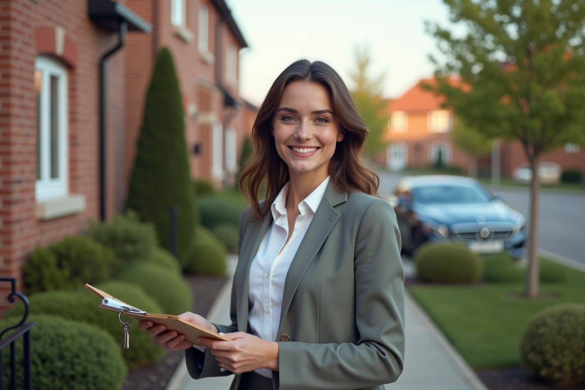 Jeune femme avec clés et clipboard devant une maison résidentielle