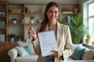 Jeune femme souriante tenant un contrat d'assurance et des clés dans un salon lumineux