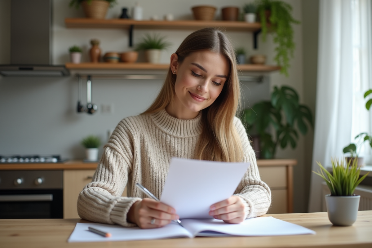 Jeune femme examinant un contrat de location dans une cuisine moderne
