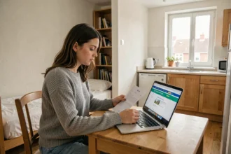 Jeune femme consultant des documents CAF dans un appartement T1 bis compact avec alcôve et kitchenette