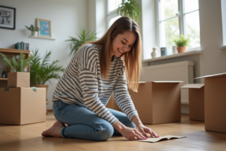 Jeune femme emballant des cartons dans un appartement lumineux