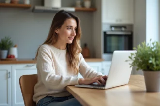 Jeune femme curieuse utilisant un laptop dans un appartement moderne à Levallois