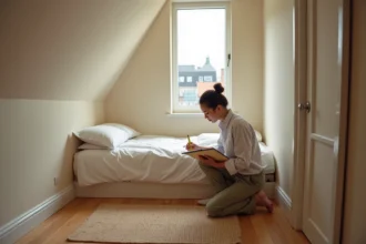 Jeune femme mesurant une chambre mansardee avec ruban