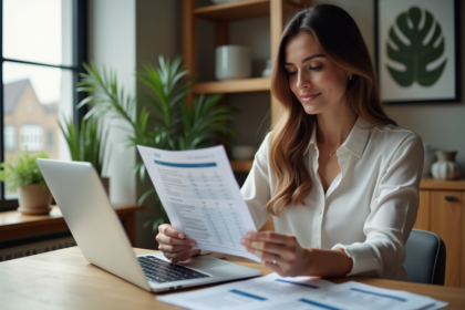 Jeune femme d'affaires au bureau avec documents de prêt