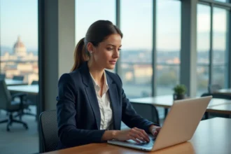 Jeune femme professionnelle travaillant sur un ordinateur dans un espace coworking à Lyon