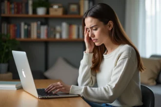 Jeune femme frustrée travaillant sur son ordinateur à la maison