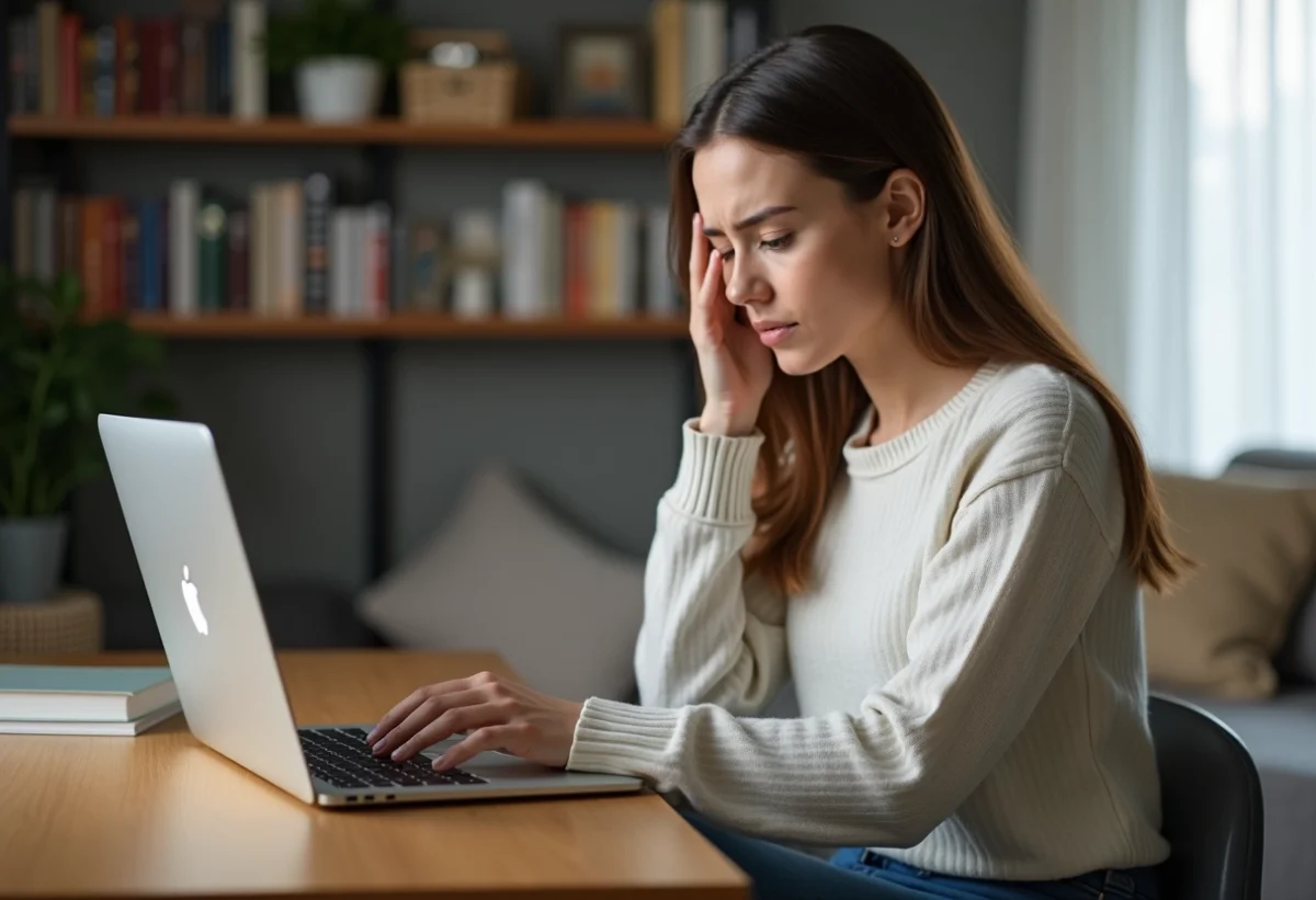 Jeune femme frustrée travaillant sur son ordinateur à la maison